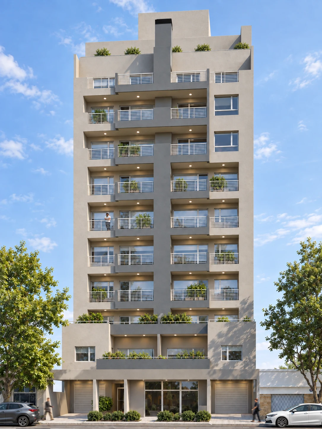 Render de la fachada del Edificio Salvador, con balcones y terrazas